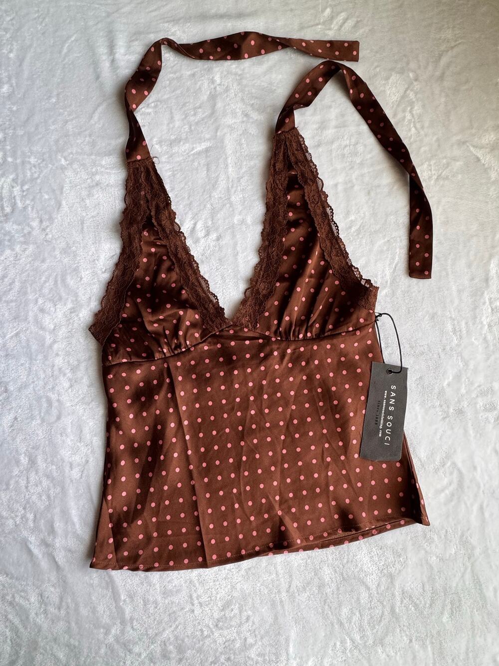 NWT Sans Souci Brown Pink Polka Dot Lace Trim Halter Top Y2K Cami Size Small